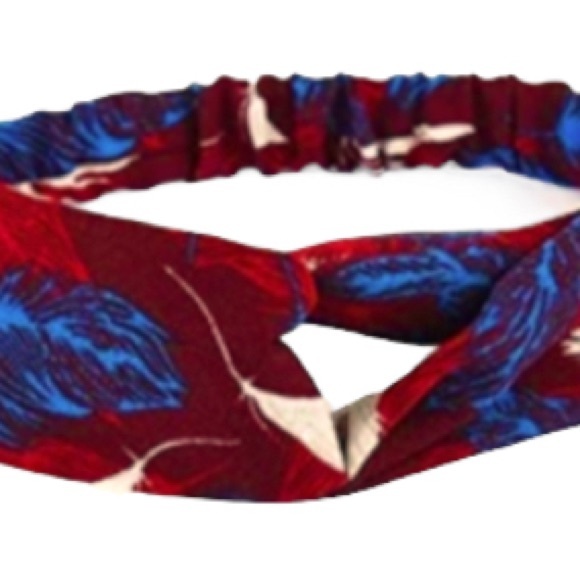 Red & Blue Feather Pattern Elastic Twist Front Headband - Picture 6 of 8